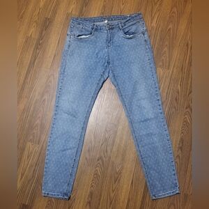 Women’s Cream Blue Diamond Print Jeans W32 L32 Mid-Rise Straight Denim C40